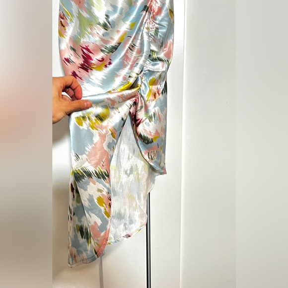 Illusion Floral Ruched Cowl Neck Midi Dress | Size XS - Picture 5 of 8